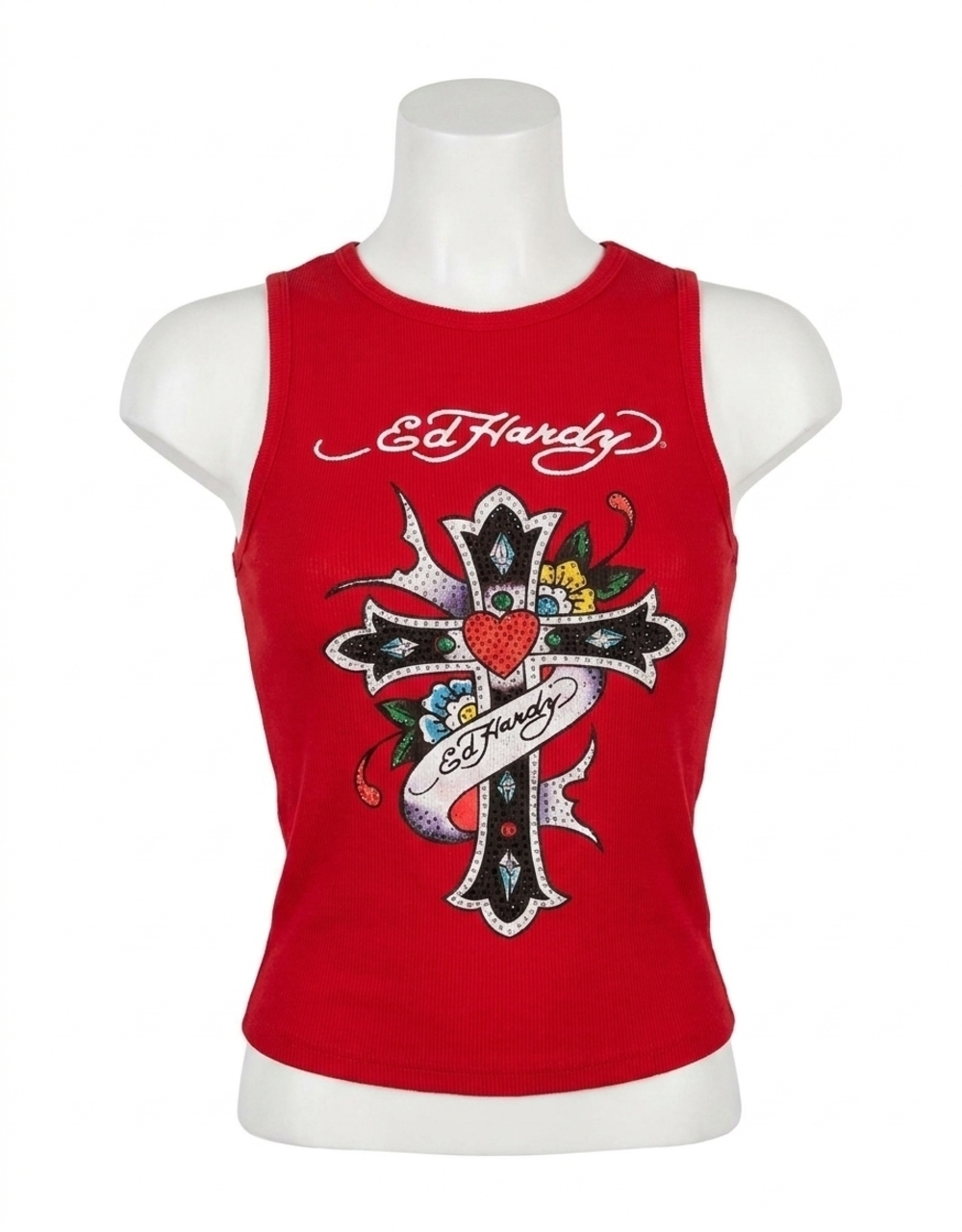 NEW ED HARDY women's cross rhinestone tank top in cherry